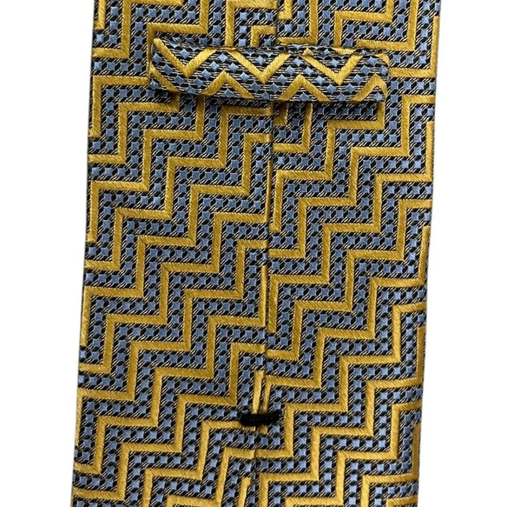 Ermenegildo Zegna Silk Tie Yellow‑Gold & Blue‑Gray Geometric Italy 3.3” x 58
